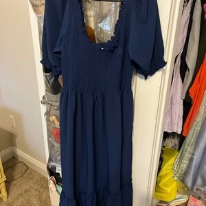 Hill House Navy Midi Dress with Ruffle Trim